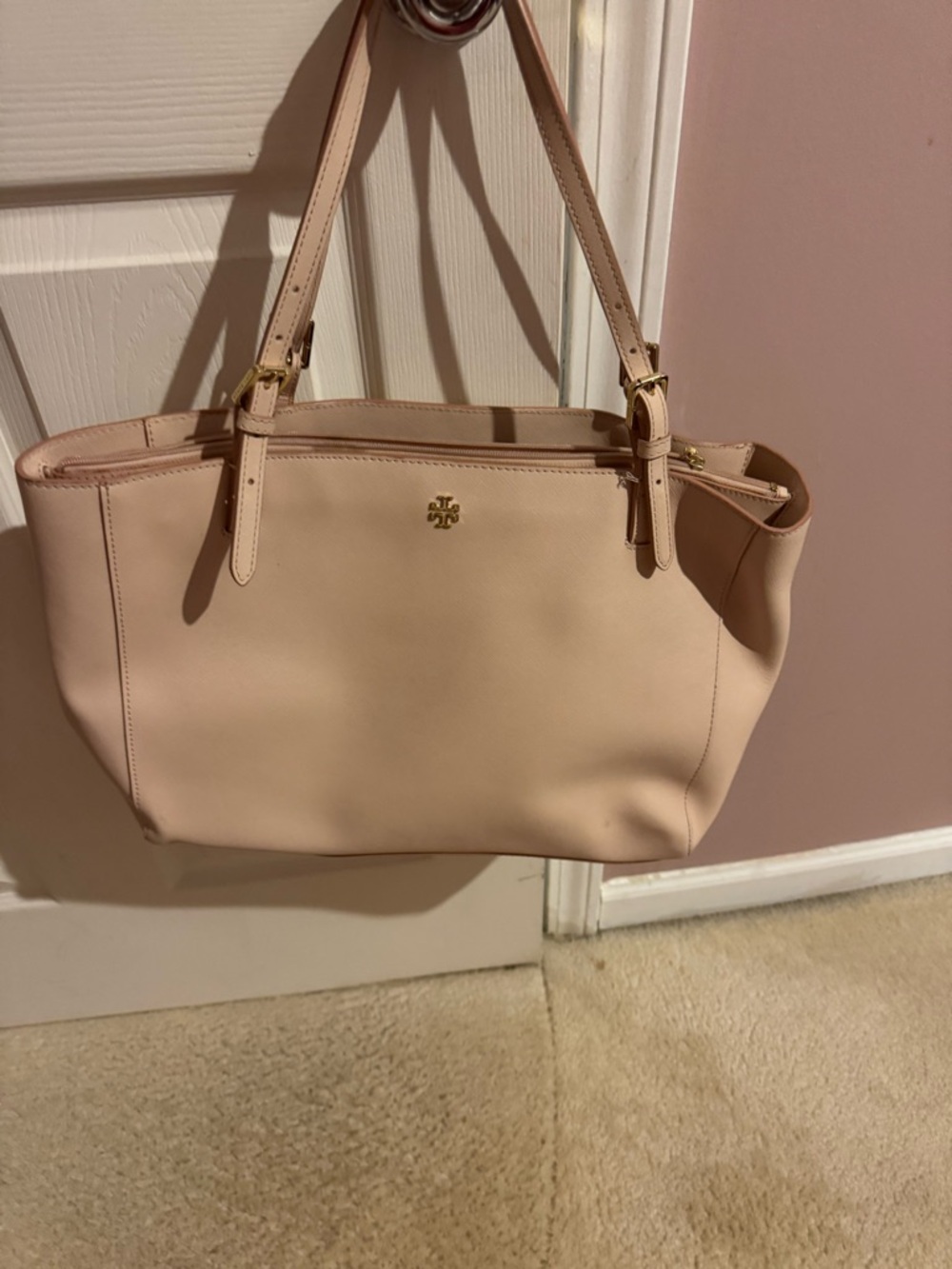 Tory Burch Blush Leather Shoulder Tote with Gold Logo